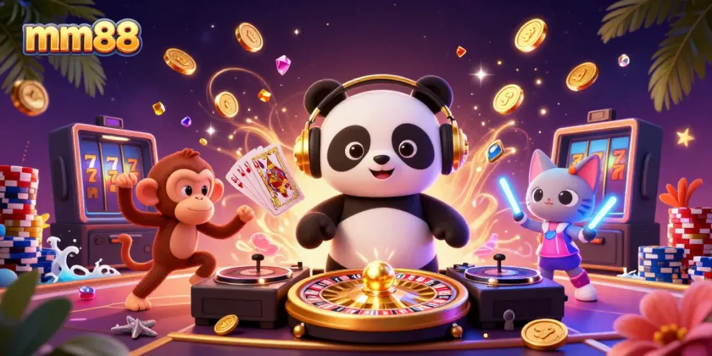 Experience excitement at mm88 with a vibrant 3D casino illustration showcasing dynamic characters and games in action.