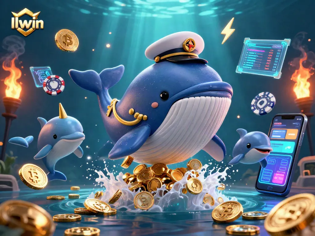 Play exhilarating games at llwin with a vibrant scene of a giant whale surrounded by riches and playful elements.