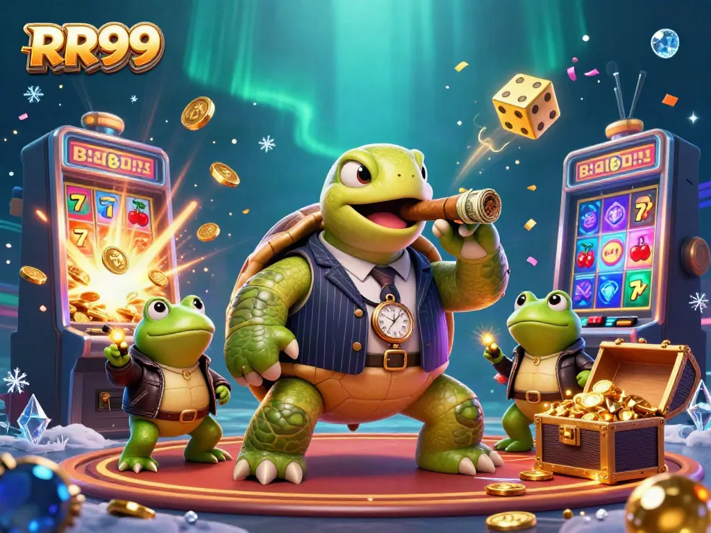 Experience RR99 with vibrant slot action featuring a cartoon turtle and bullfrogs in a lively casino scene.