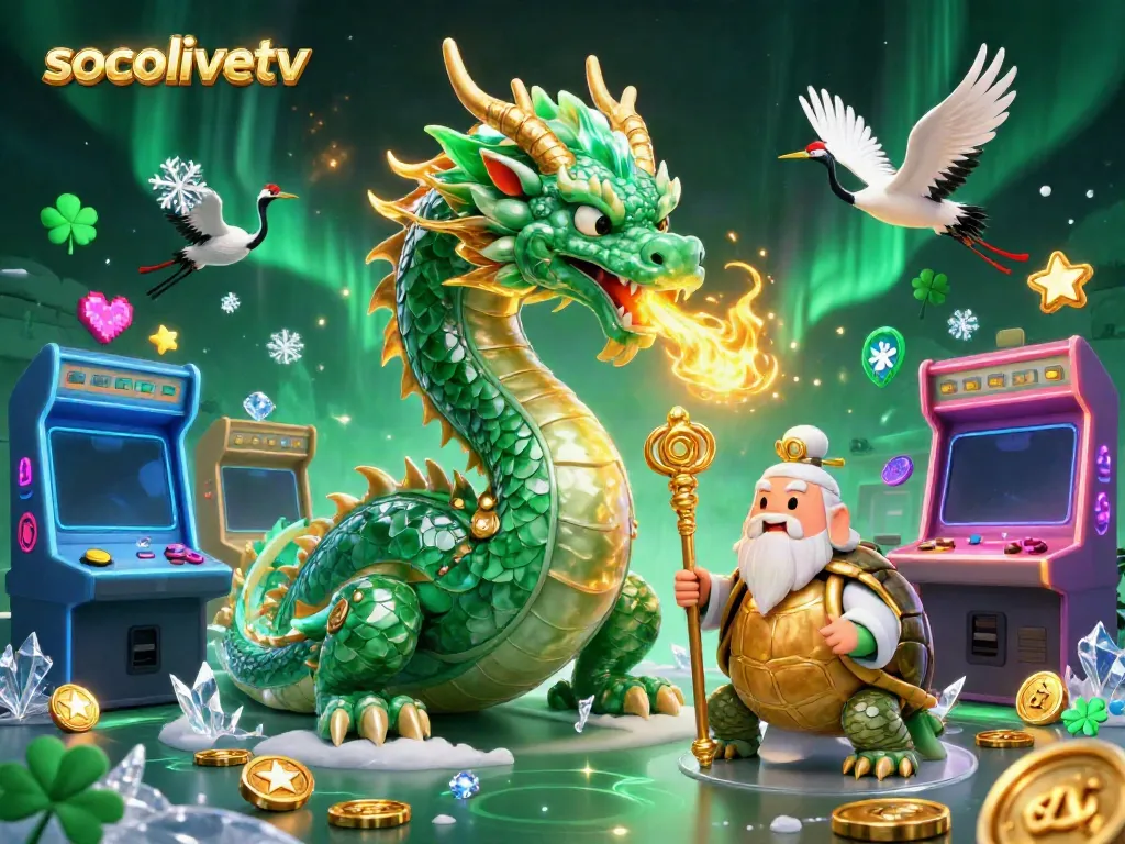 Experience the magical world of socolivetv with a jade dragon and lucky cranes in an energetic casino scene.