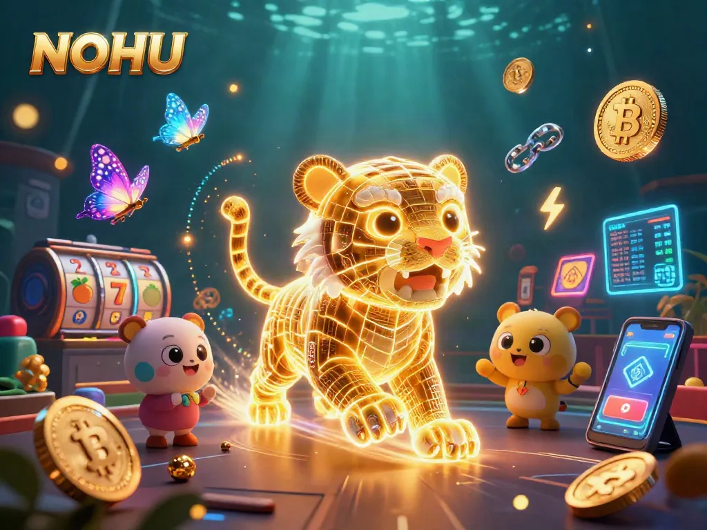 Win big at NOHU casino with vibrant slot machines and dynamic game elements in a stunning digital scene.