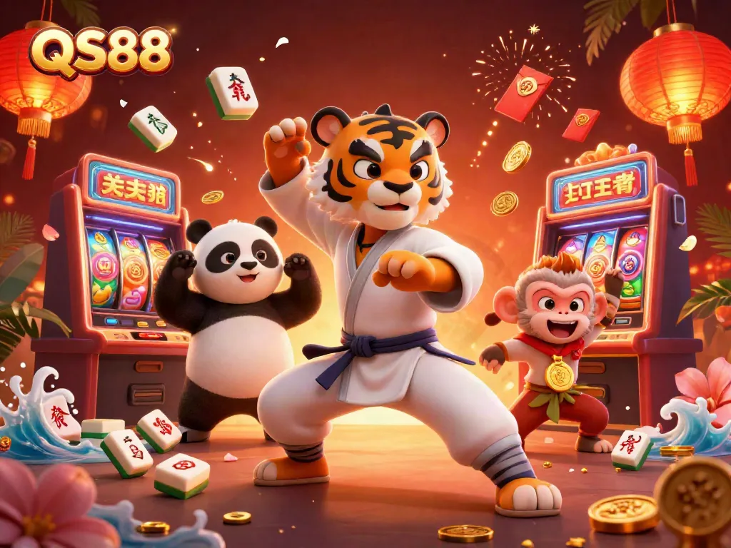 Engage with QS88's vibrant casino scene featuring festive elements and characters promoting fun gaming.
