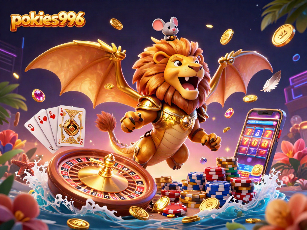 Engage with pokies996 through a vibrant scene featuring a chimera, coins, and gaming elements.