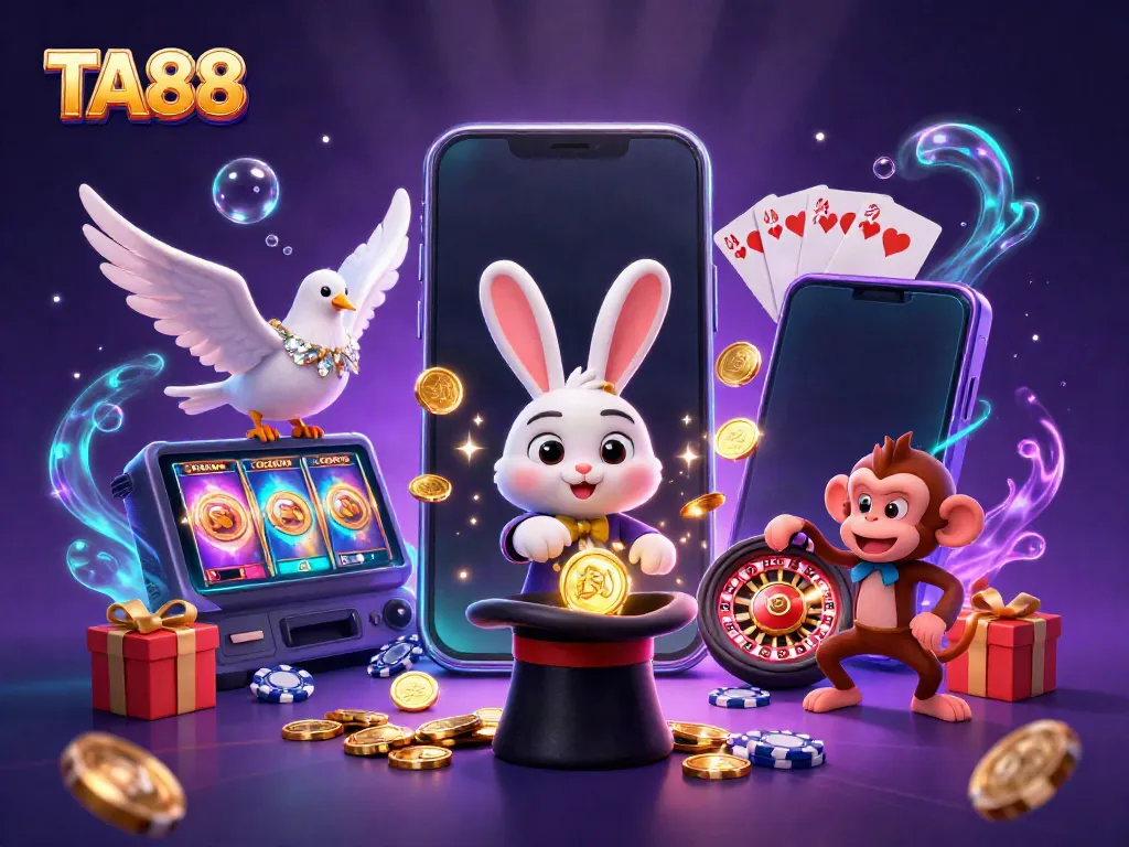Experience the thrill of TA88 with a magician rabbit pulling coins and a dove, surrounded by vibrant casino elements.
