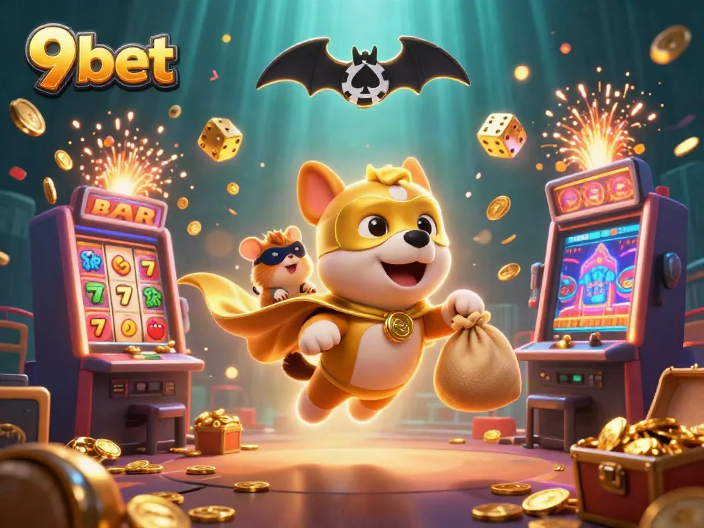 9bet winning moments illustrated with a superhero dog and jackpot explosions in a vibrant casino scene.