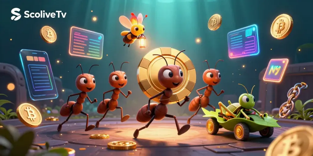 SocoliveTv celebrates a vibrant heist scene with animated ants carrying a giant poker chip surrounded by cryptocurrency elements.