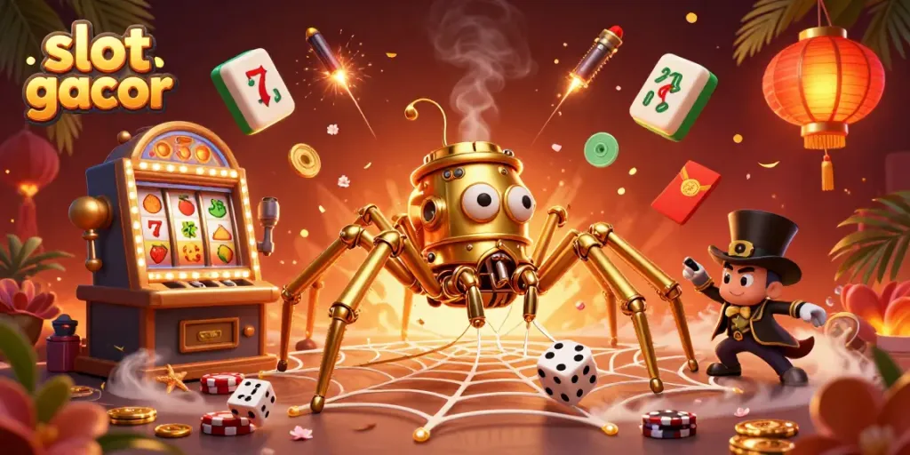 Memperbanyak slot gacor dengan simbol keberuntungan, dikelilingi elemen kasino yang cerah.