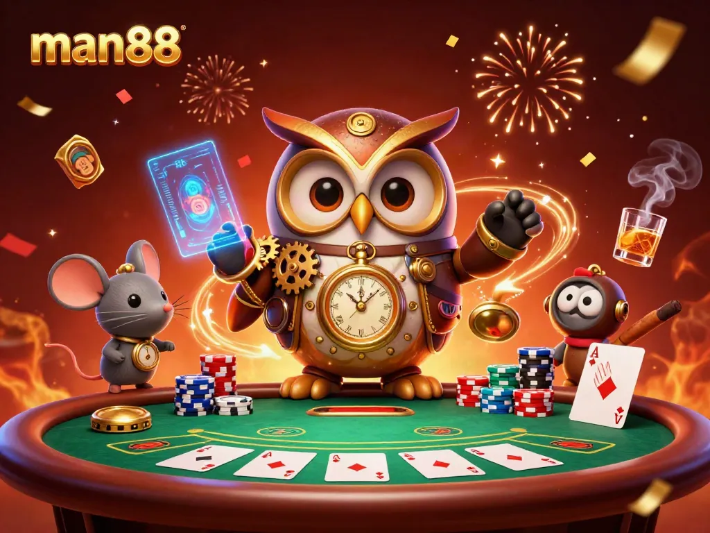 Experience the thrilling atmosphere of man88 with a vibrant 3D casino scene featuring characters and gaming elements.