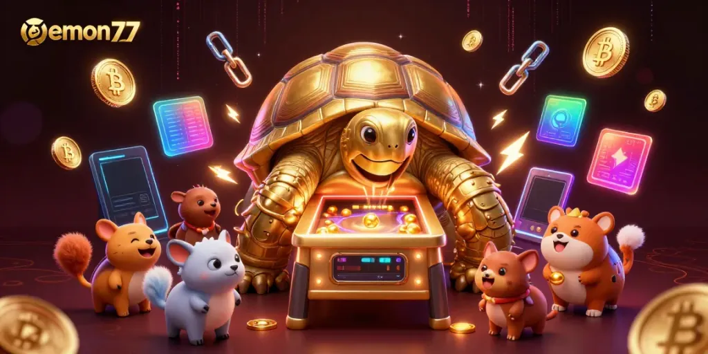 Experience thrilling fun at emon77 with a golden tortoise pinball machine in a vibrant casino scene.