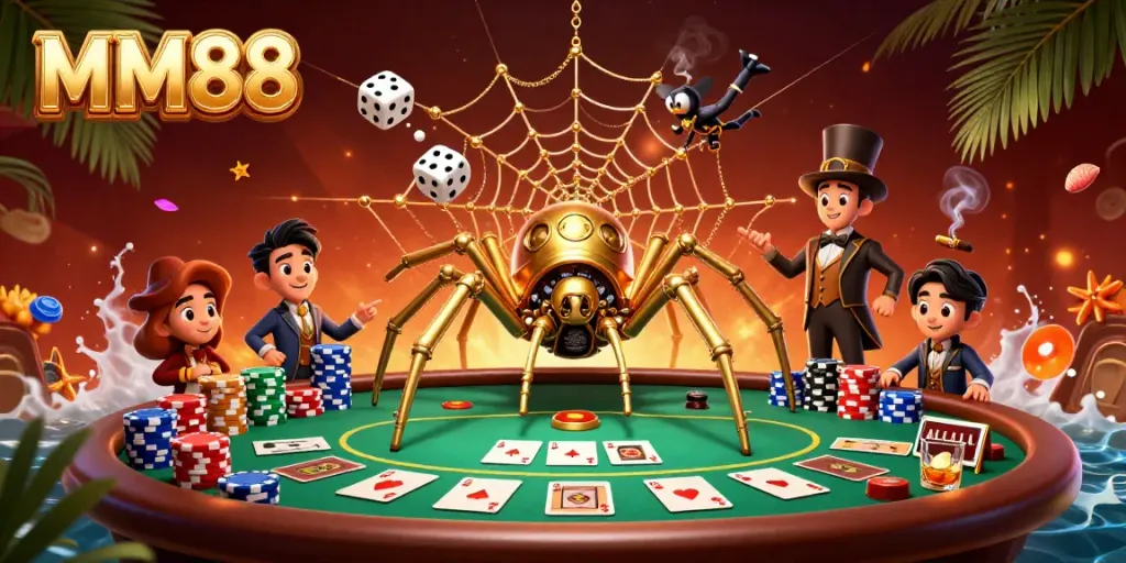 Experience thrilling gameplay at MM88 with a whimsical steampunk scene of a spider ensnaring dice.