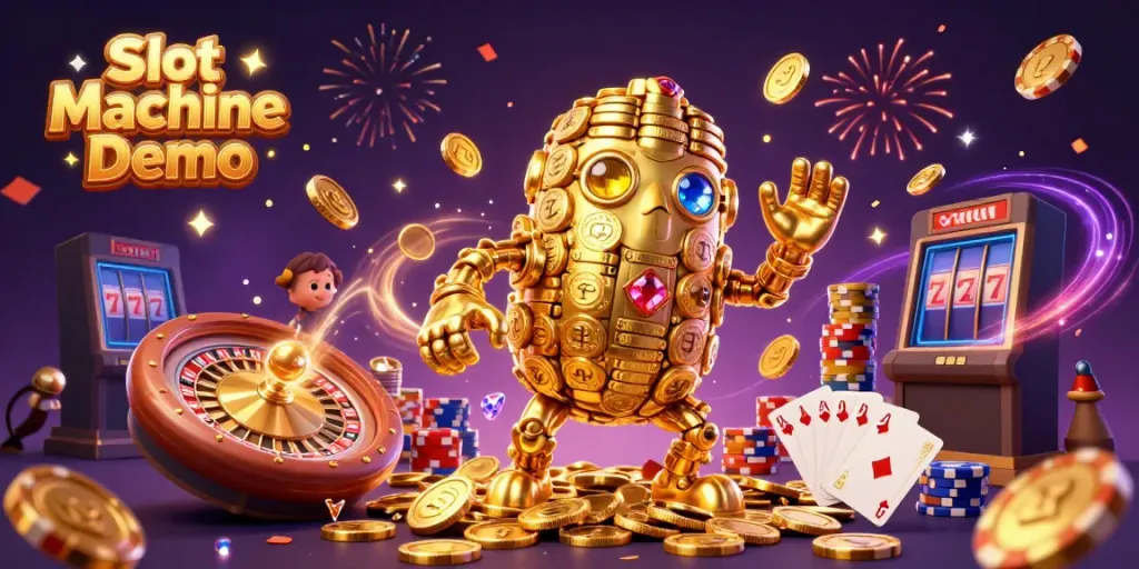Experience Slot Machine Demo with a dynamic scene featuring a golden golem, spinning reels, and vibrant casino elements.