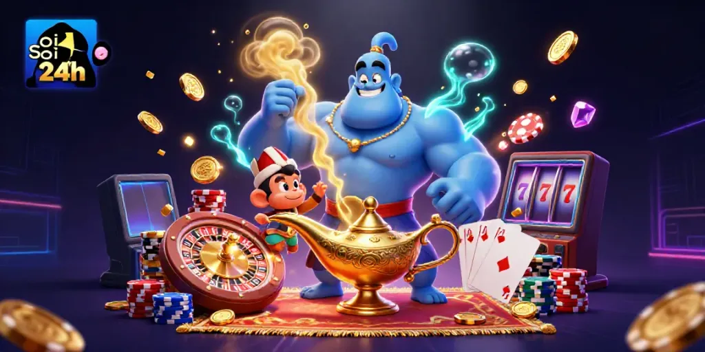 Engage with soi cầu 24h in this vibrant scene of a genie, monkey, and magic carpet surrounded by gambling elements.