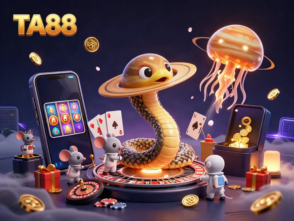 Engage with TA88's exciting cosmic casino adventure featuring animated characters and vibrant betting activities.