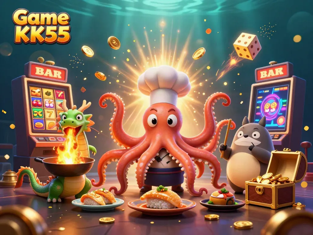 Game KK55 showcases a vibrant 3D slot machine scene with dynamic casino elements.