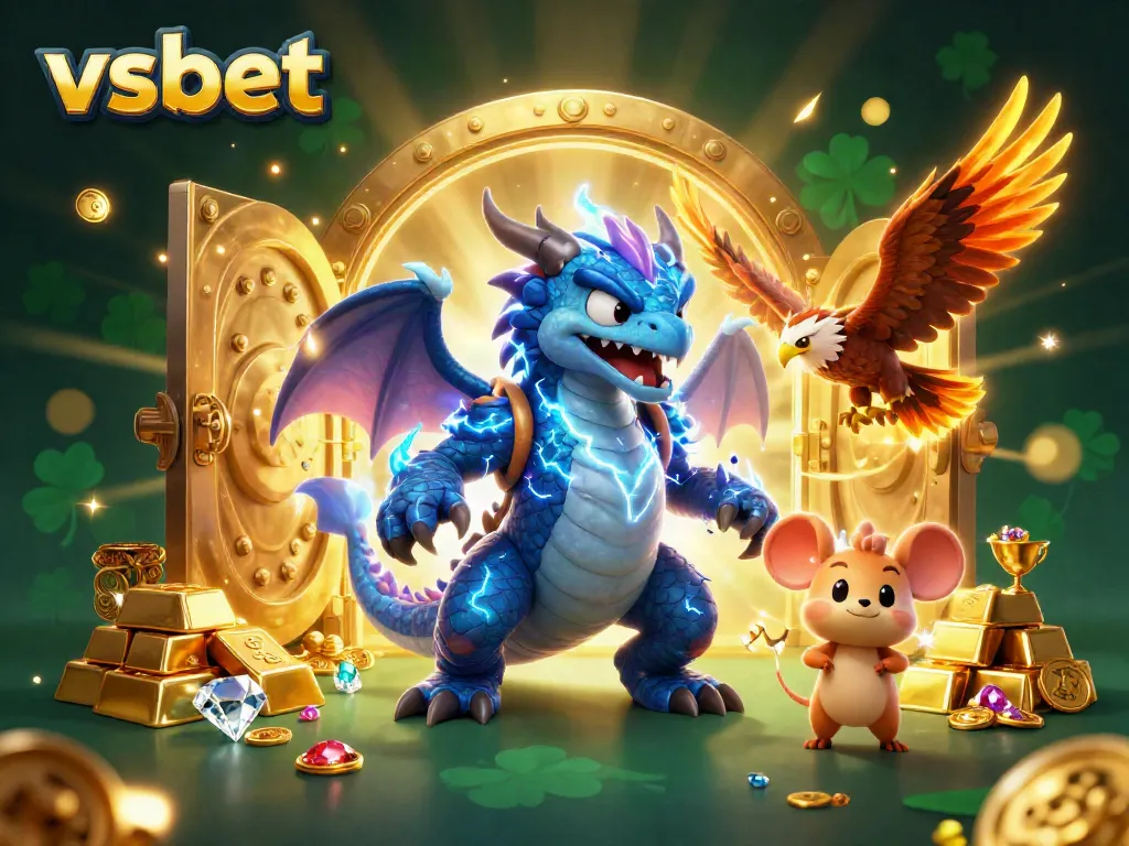 Engage with the thrilling world of vsbet, where a thunder dragon, wind hawk, and thunder mouse celebrate rich treasures in a vibrant casino.