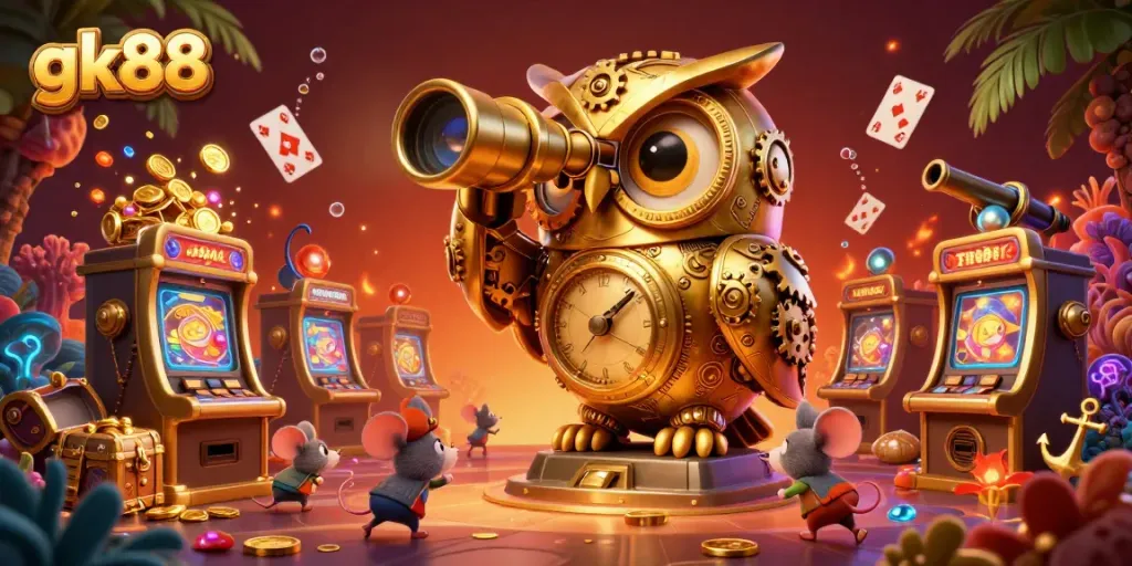 Engage with gk88 as tiny wind-up mice explore a vibrant casino floor full of treasures and excitement.