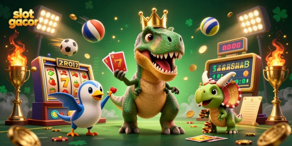 Engage in thrilling slot gacor action as a cartoon T-Rex and friends shuffle cards amidst golden chips and jackpots.