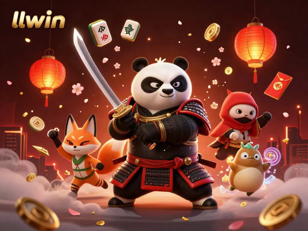 Engage with llwin's vibrant 3D illustration featuring a samurai panda and ninja fox amidst casino-themed elements.