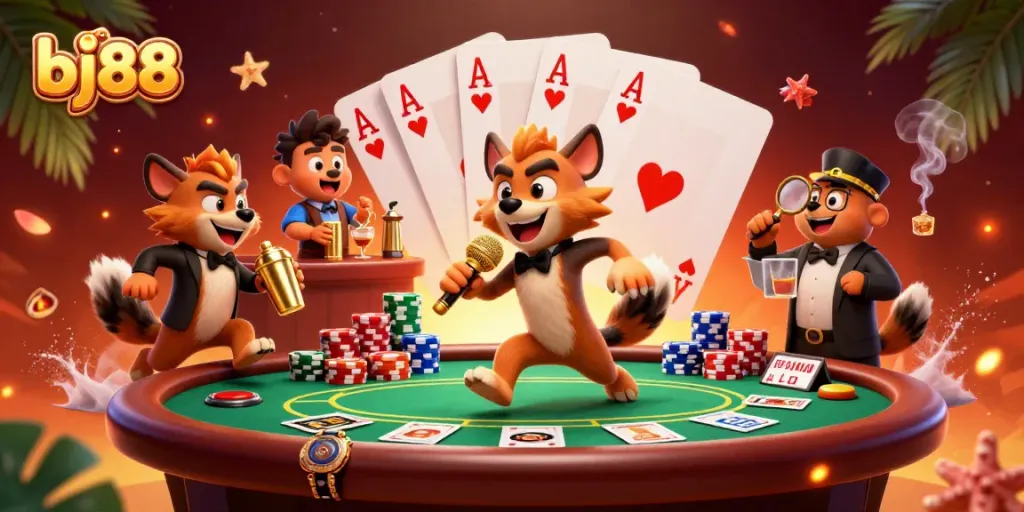 Engage with bj88's lively casino scene featuring hyenas entertaining at a poker table.