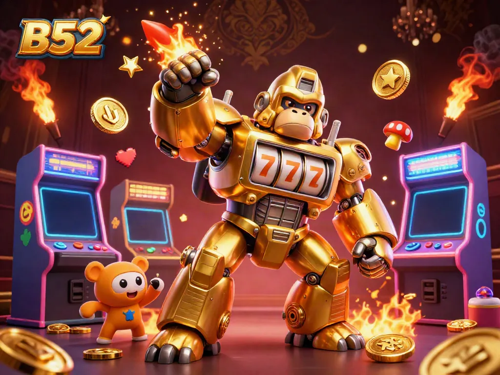 Experience the thrill of B52 gaming with a dynamic golden gorilla mech and arcade elements.