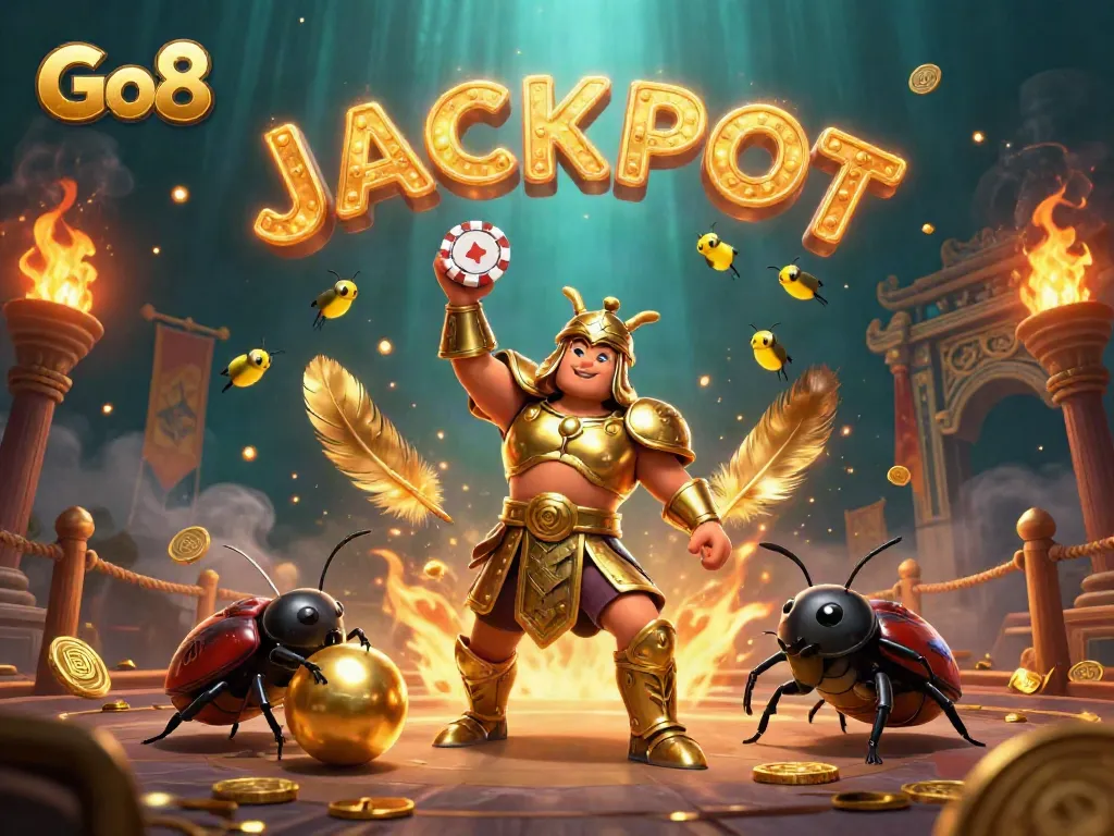 Experience the thrill of Go8 with a victorious beetle champion in a vibrant casino atmosphere