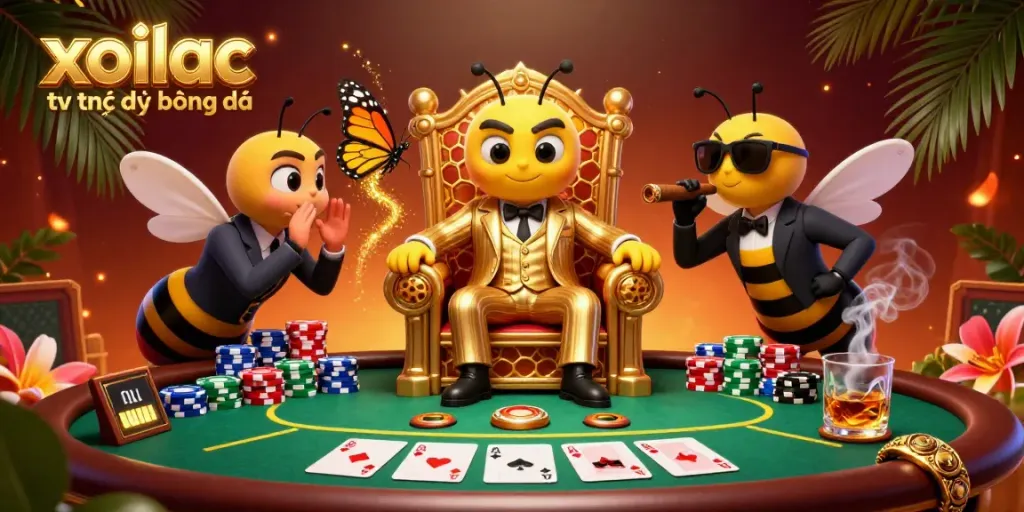 Xoilac tv trực tiếp bóng đá showcases an engaging 3D cartoon scene of a bumblebee mob boss amid poker action, highlighting dynamic gameplay elements.