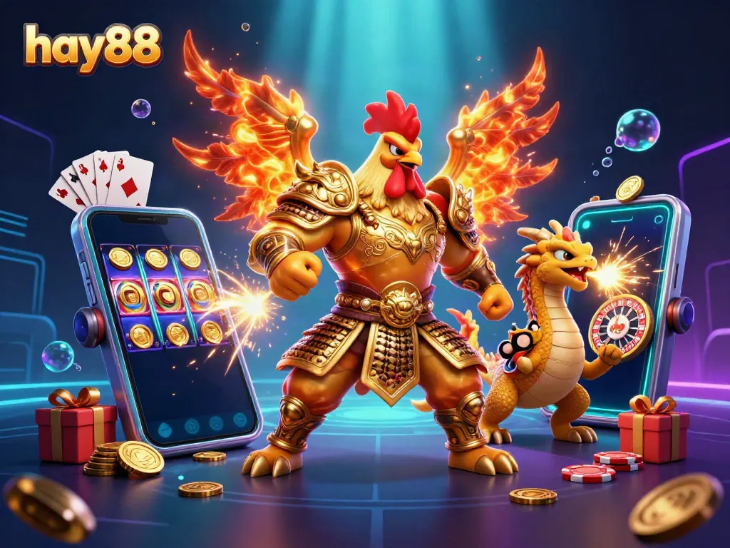 Engage in live gameplay at hay88 with cartoon characters celebrating wins and vibrant casino elements