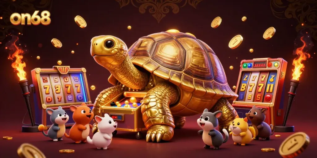 Engaging players with on68 slots, this vibrant scene showcases a colossal tortoise pinball machine in action.