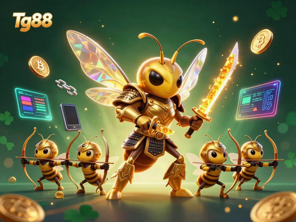 Tg88 brings lively 3D casino illustration with a golden hornet in samurai armor surrounded by crypto elements.