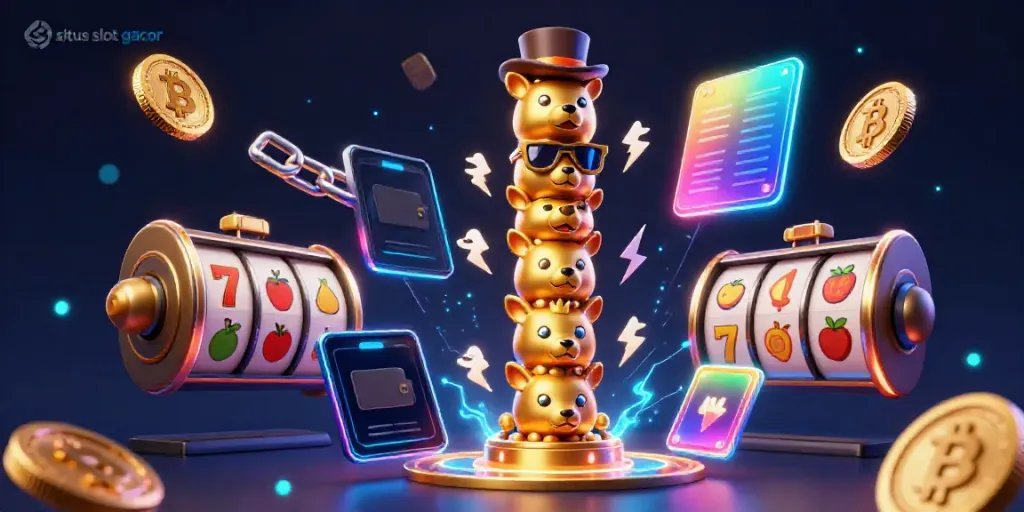 Experience the thrill of situs slot gacor with vibrant slot reels and crypto elements in a dynamic 3D casino scene.