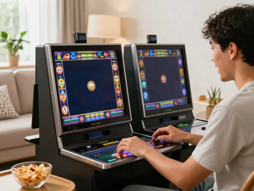 Player enjoying slot Thailand games on smartphone in cozy living room.