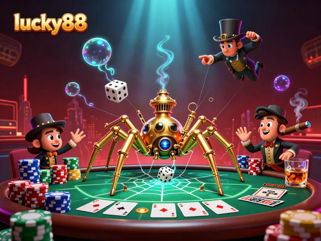 Experience thrilling gameplay at lucky88 with a whimsical golden spider capturing dice in a vibrant casino scene.