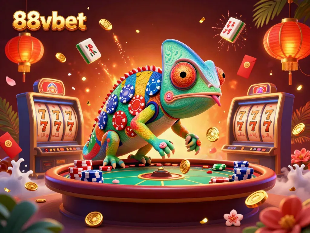 Engage in exciting games at 88vbet with a vibrant chameleon casino owner amidst slot reels, golden coins, and festive elements.