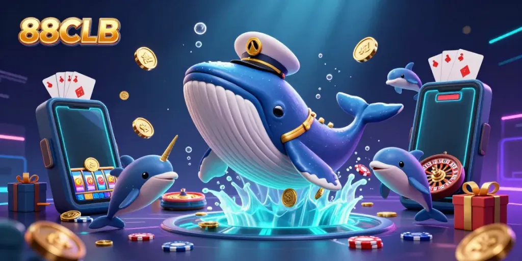 Engage in immersive gaming at 88CLB with a whale, narwhal, and dolphins amidst coins.