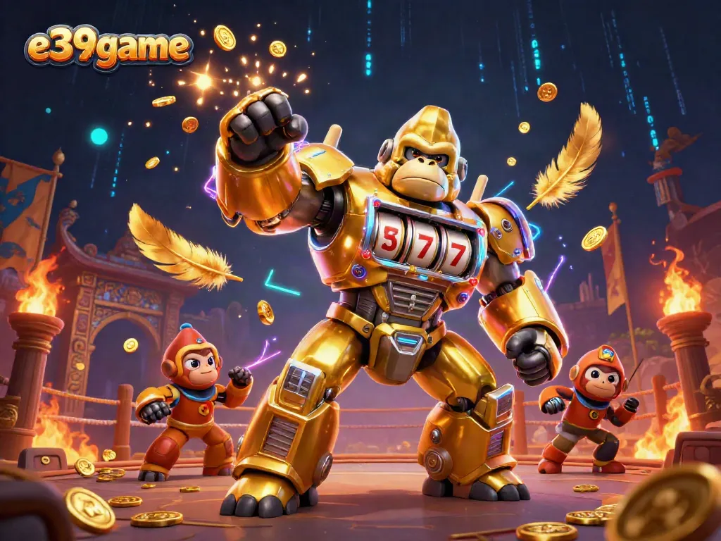 Experience e39game's thrilling slots with the golden gorilla mech amidst a vibrant casino atmosphere.