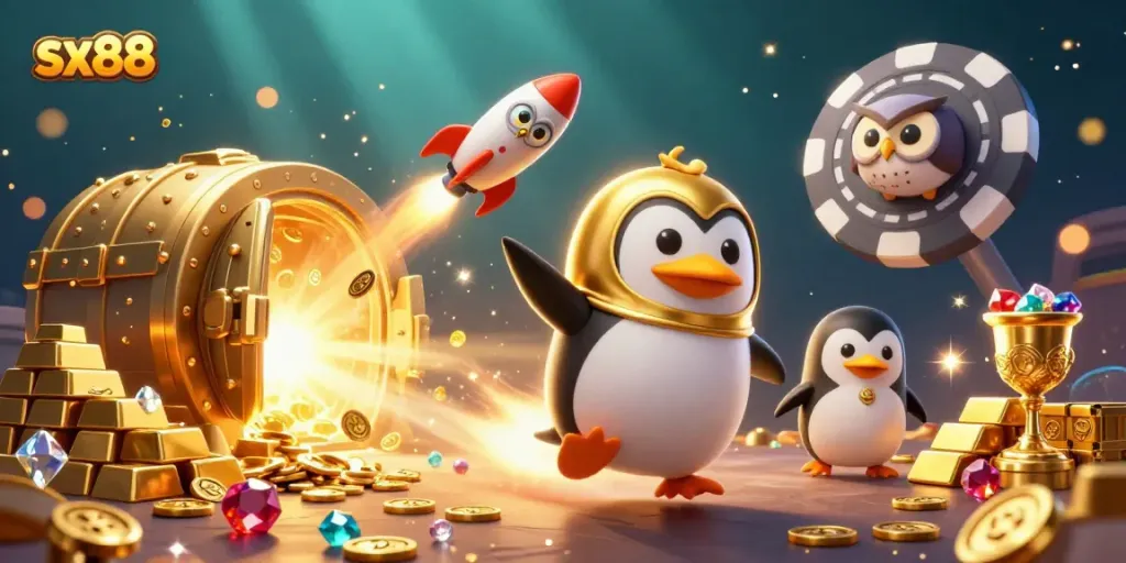 Experience the excitement of sx88 with a golden penguin leading the way to casino riches.