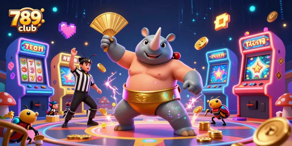 Experience thrilling gameplay with 789club's vibrant illustration showcasing a beetle sumo champion amid colorful slot machines.