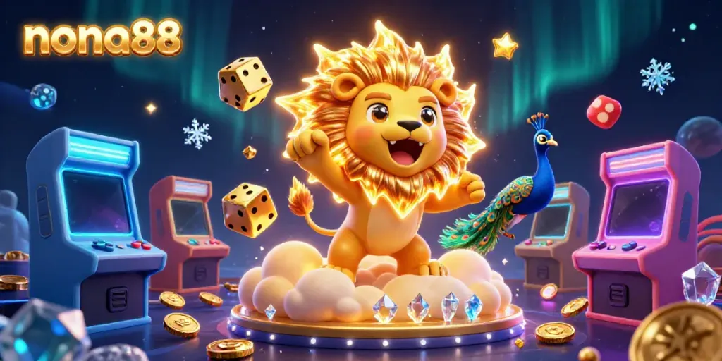 Experience the excitement of nona88 with vibrant casino-themed 3D art featuring a roaring lion and golden dice.