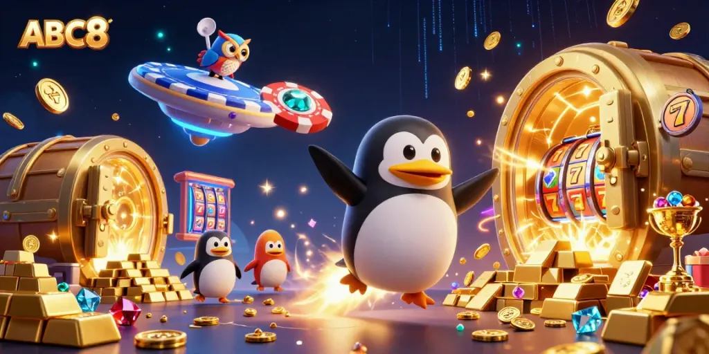 Experience thrilling gaming with ABC8, featuring a golden penguin and dazzling casino treasures in a 3D adventure.