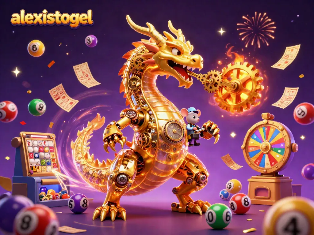 Experience thrilling gameplay with ALEXISTOGEL's vibrant dragon illustration amidst colorful dynamic lottery balls.