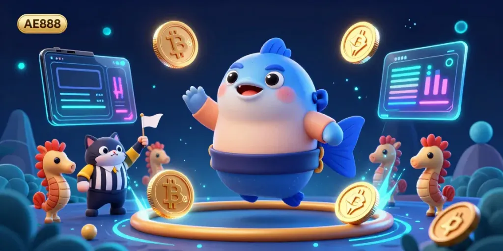 Experience gaming excitement at AE888 with a vibrant underwater casino scene featuring a sumo fugu and crypto elements.