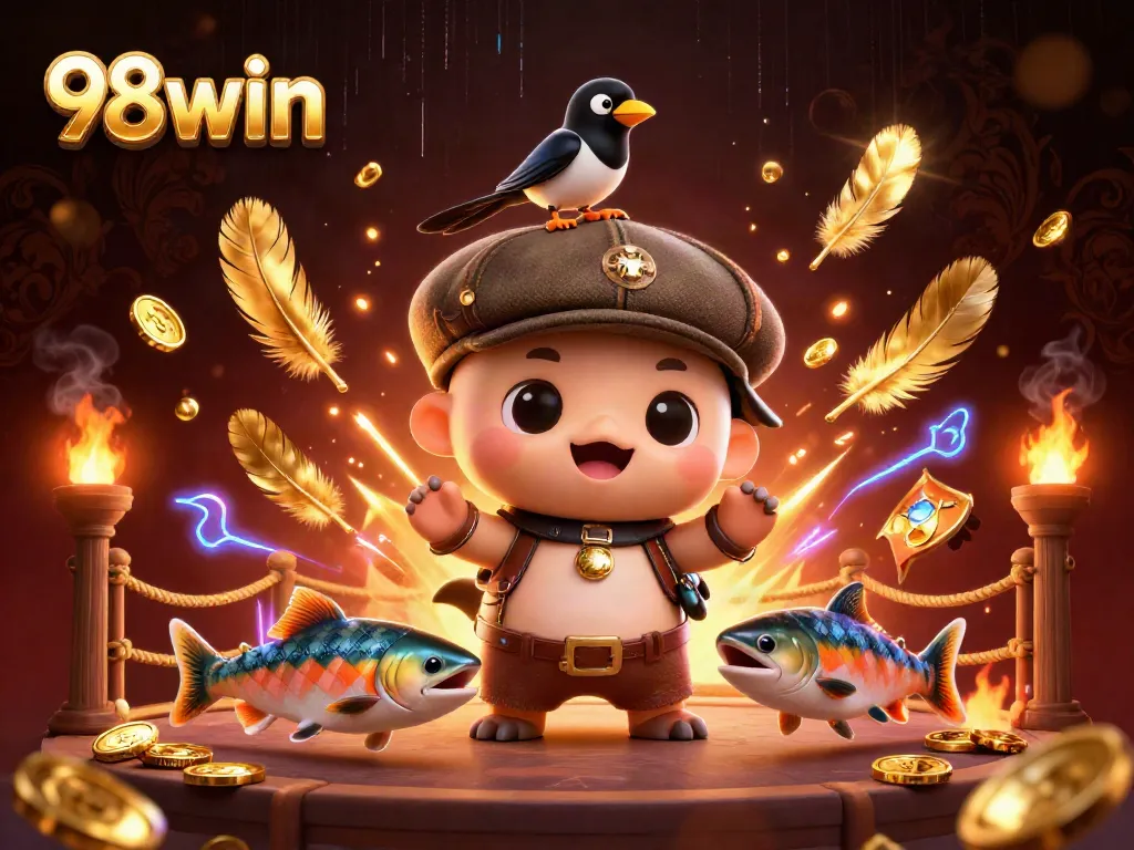 Experience thrilling adventures at 98win with a vibrant 3D illustration of gaming excitement.