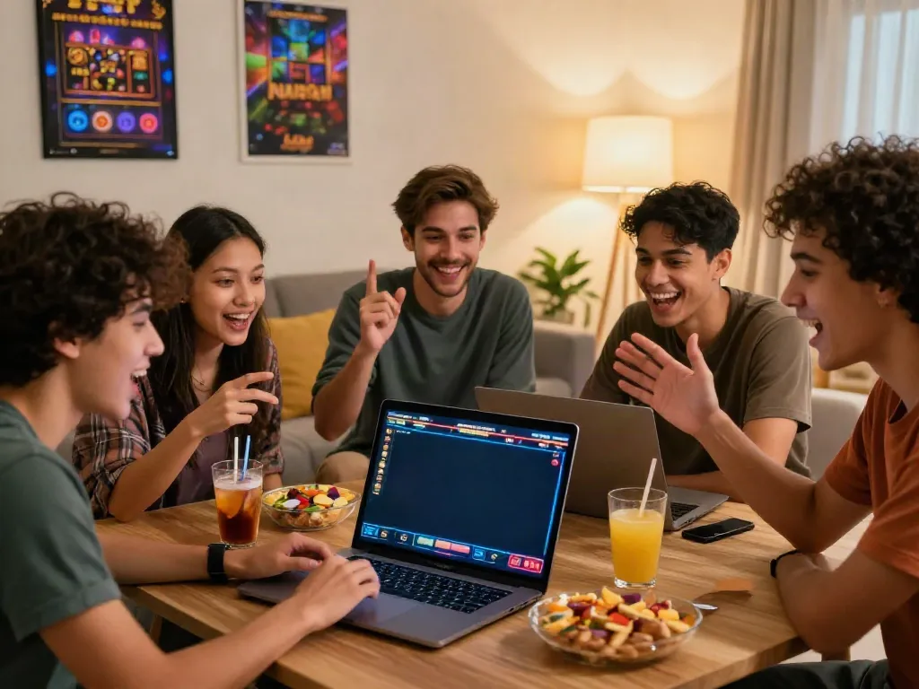 Friends enjoying slot gacor games together in a cozy living room.