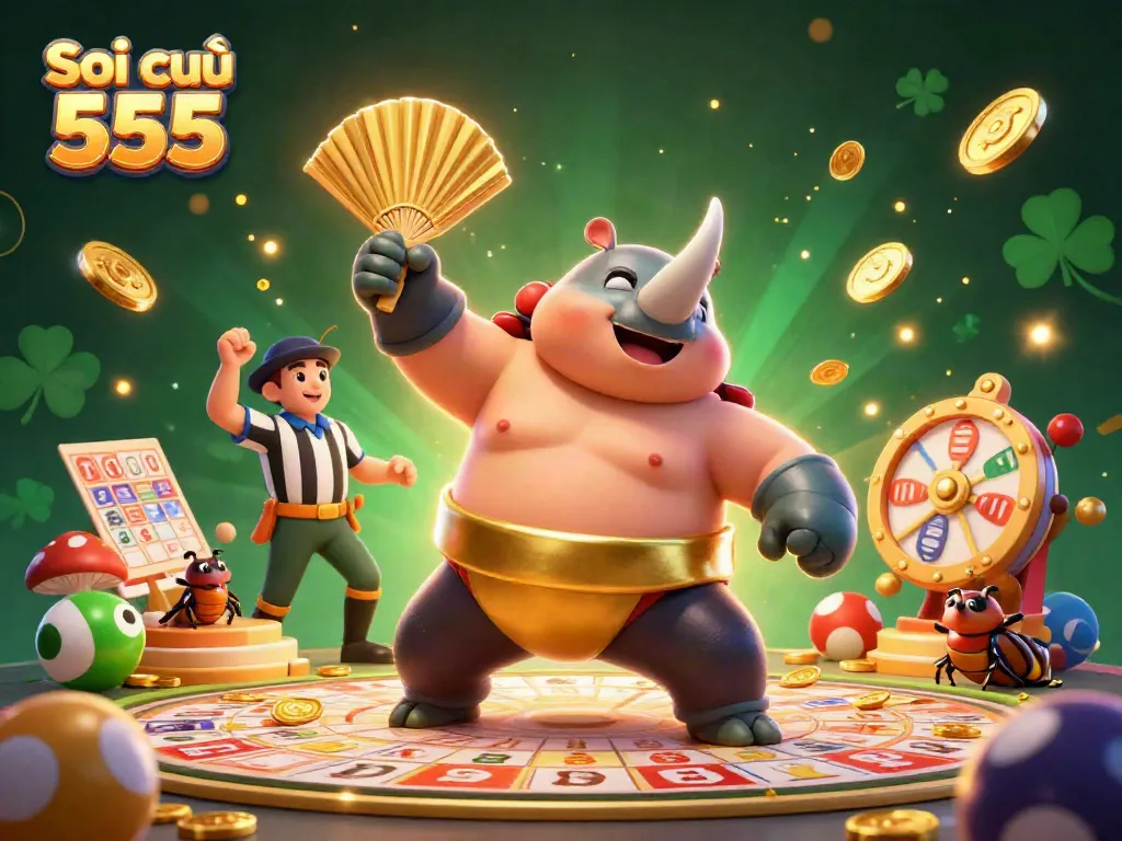 Soi cầu 555 reveals a dynamic lottery scene with a sumo beetle champion and colorful game elements.