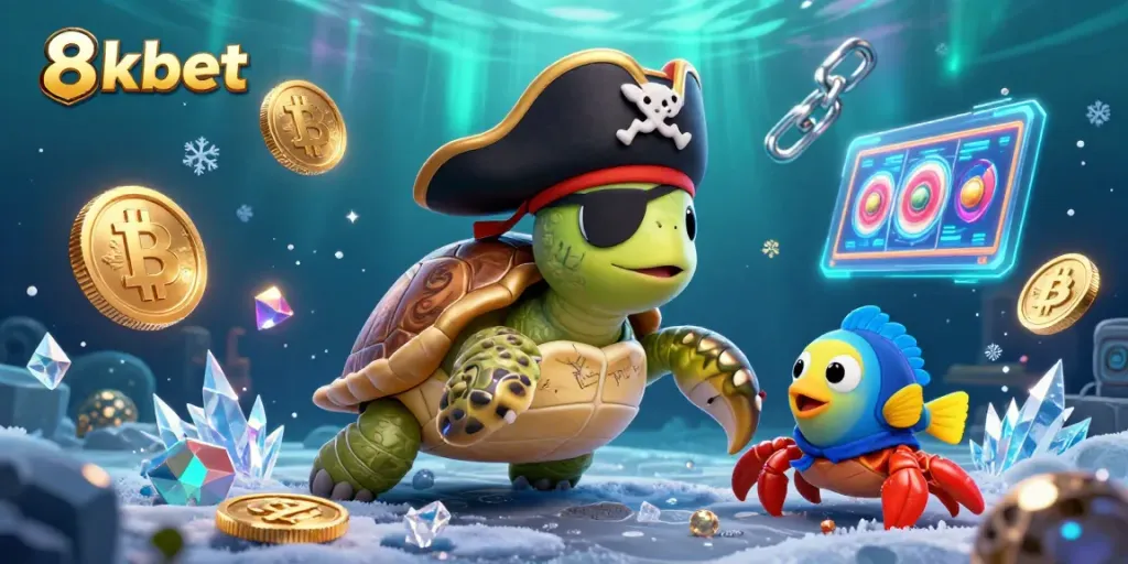 Win big with 8xbet showcasing a vibrant underwater scene featuring a pirate turtle, hermit crab, and parrotfish surrounded by floating bitcoins and neon elements.