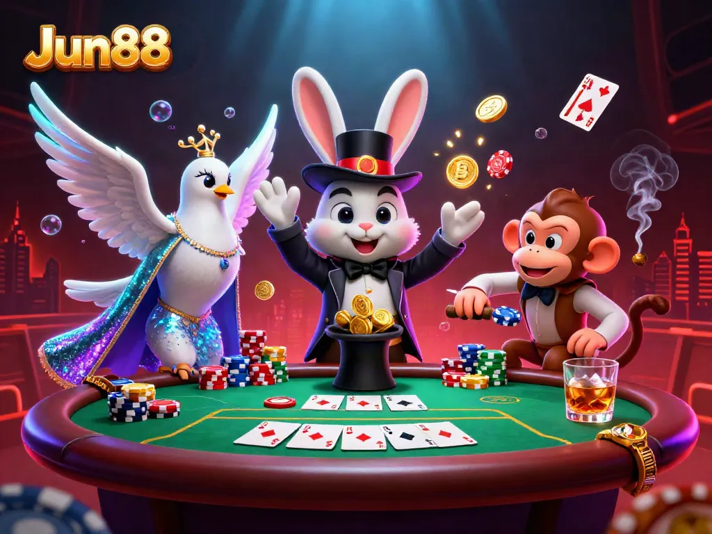 Magic occurs at Jun88 with a rabbit pulling golden coins in a vibrant casino setting, featuring poker chips and sparkling effects.