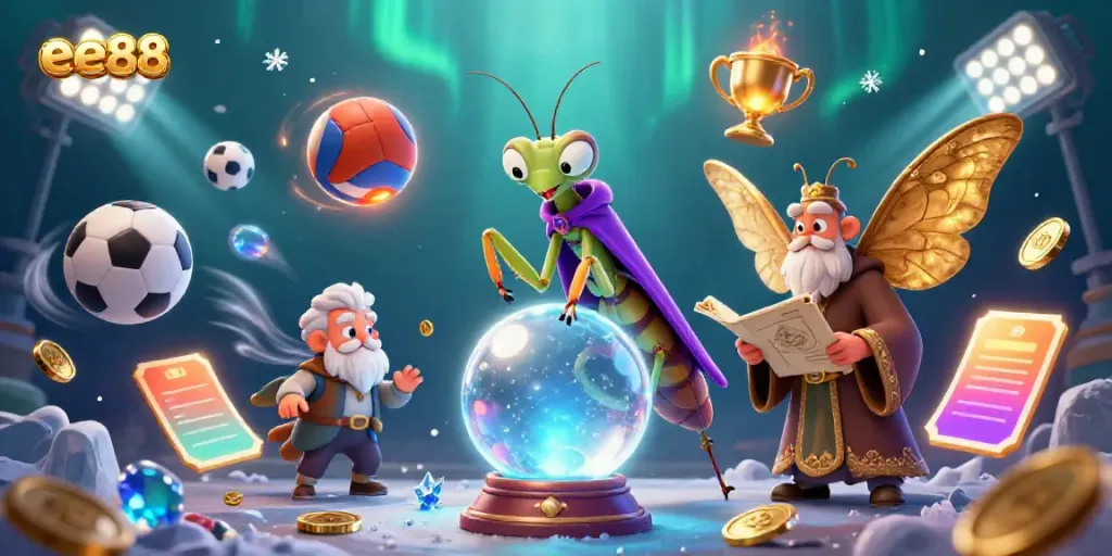 Experience the wonders of ee88 with a mystical fortune teller and sports-themed elements in this vibrant 3D illustration.