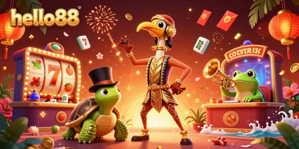Engage in luck and excitement with hello88's vibrant casino scene featuring animated characters and dynamic gaming elements.