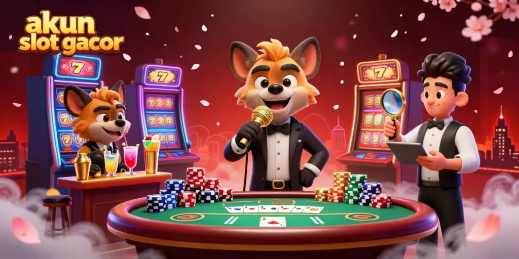 Gambaran kasino penuh warna dengan hyena sebagai penghibur, bartender, dan pengawal, menampilkan suasana keseruan akun slot gacor.