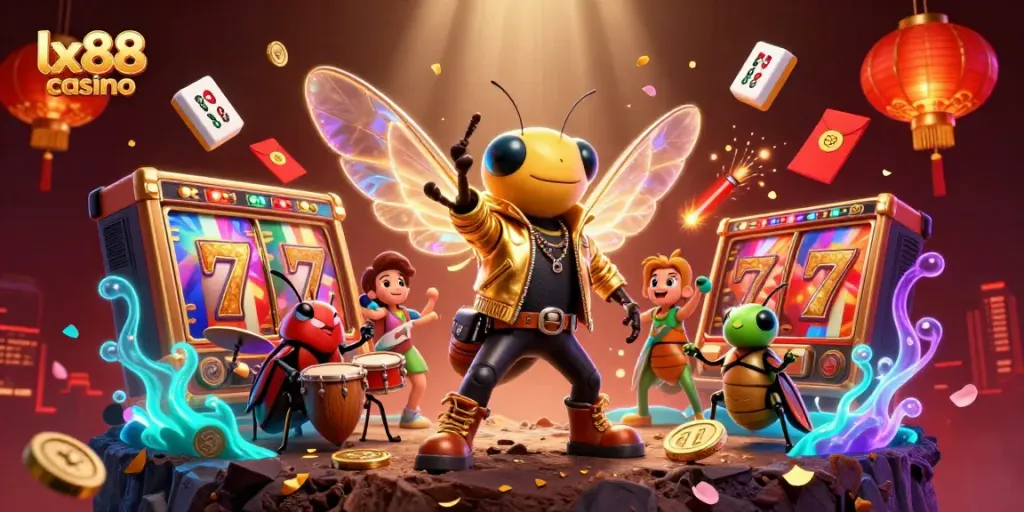 Experience the excitement of lx88 casino with this vibrant, dynamic illustration featuring lively characters and gaming elements.